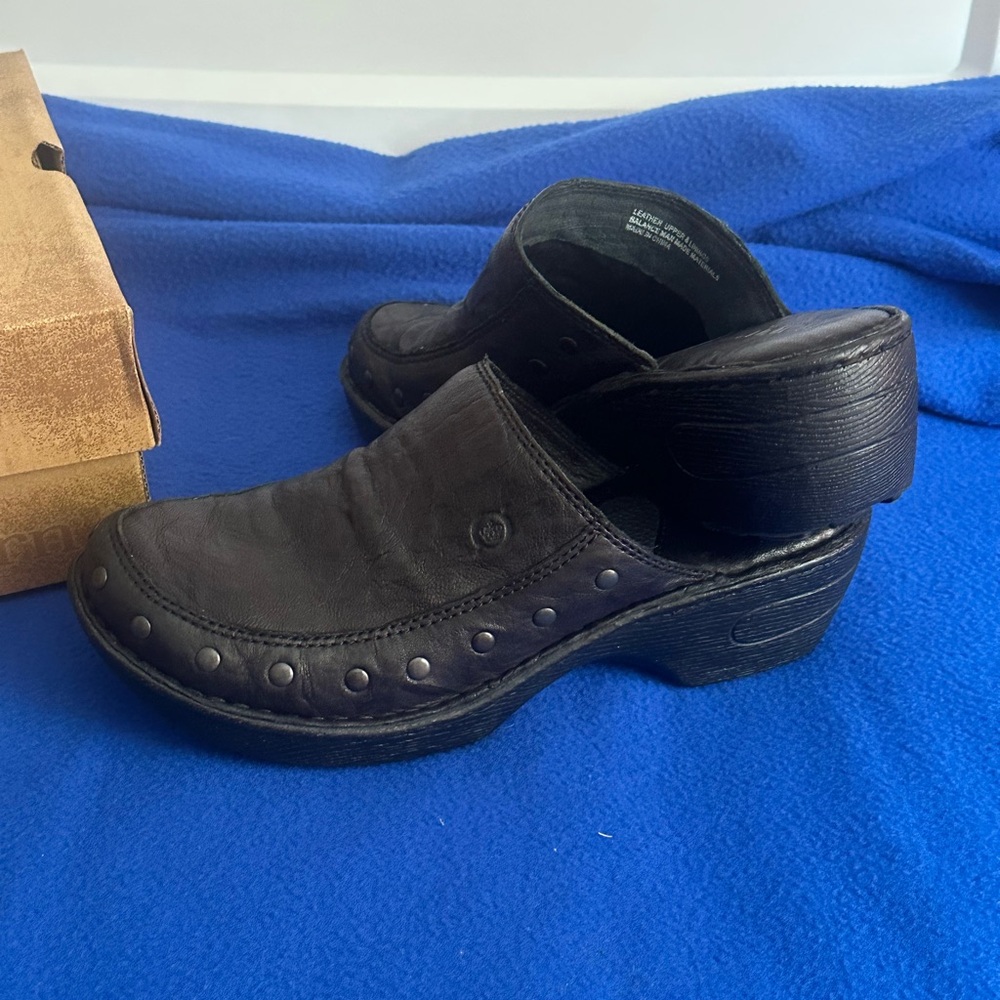 Born Black Leather Clogs with Metal Accents